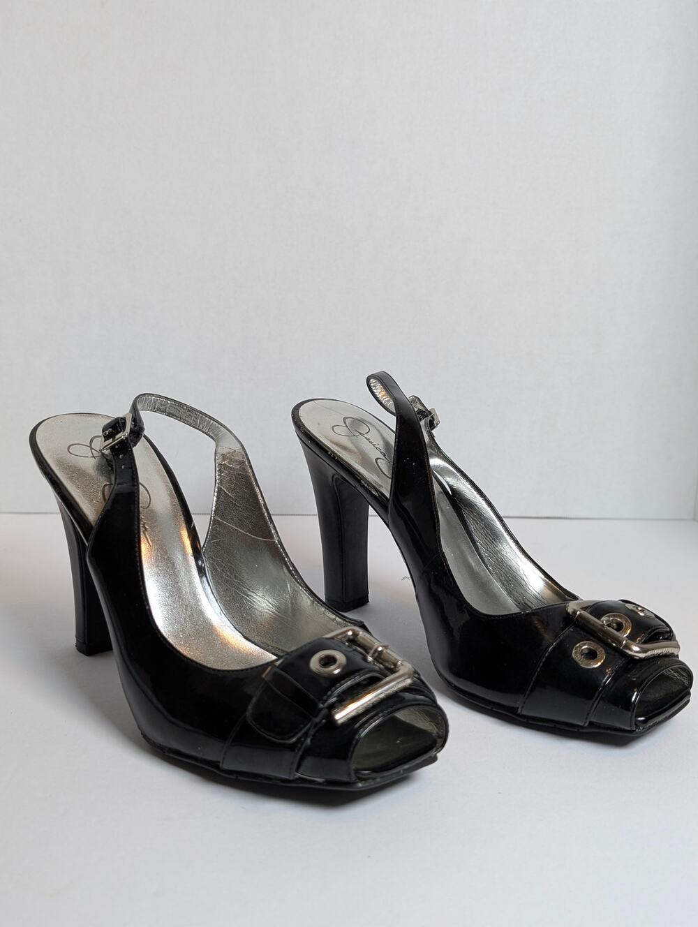 Jessica Simpson Women 7.5 Black Patent Open Toe Slingback Buckle Platform Heels